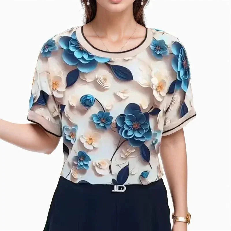 Blusa Gardenia Luxe™ em Chiffon Acetinado / Inovação em Estampas 3D para um Estilo Sofisticado e Confortável