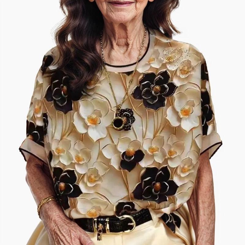 Blusa Gardenia Luxe™ em Chiffon Acetinado / Inovação em Estampas 3D para um Estilo Sofisticado e Confortável