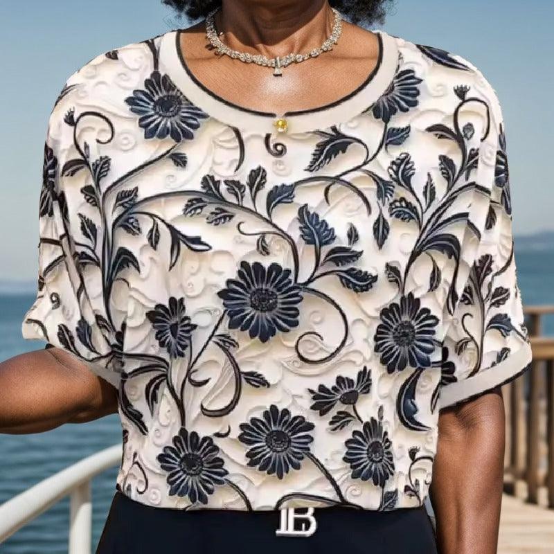 Blusa Gardenia Luxe™ em Chiffon Acetinado / Inovação em Estampas 3D para um Estilo Sofisticado e Confortável