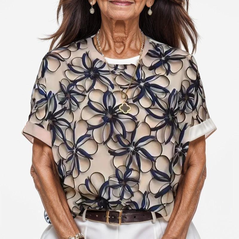 Blusa Gardenia Luxe™ em Chiffon Acetinado / Inovação em Estampas 3D para um Estilo Sofisticado e Confortável