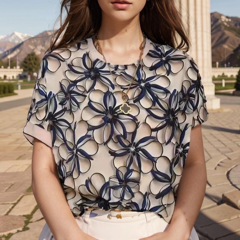 Blusa Gardenia Luxe™ em Chiffon Acetinado / Inovação em Estampas 3D para um Estilo Sofisticado e Confortável