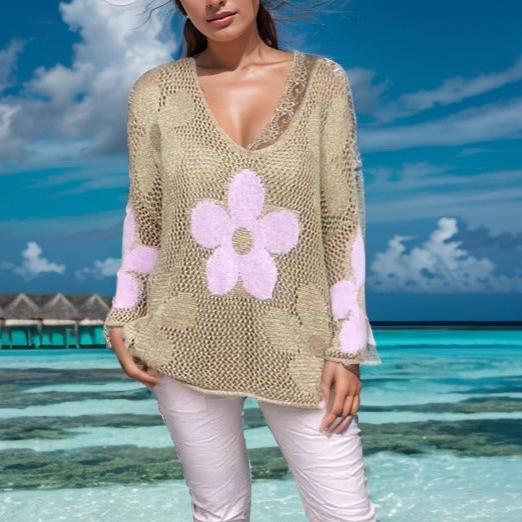 Blusinha Sobretudo em Crochê Marilu™ com Adornos Florais / Cores Vibrantes para um Look Descontraído e Cheio de Estilo!