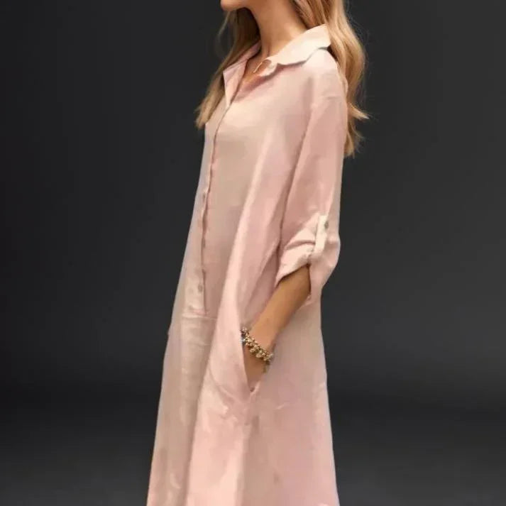 Vestido Clothilde™ em Linho de Algodão com Caimento Solto / Estilo Leve com Botões Elegantes e Mangas Ajustáveis!
