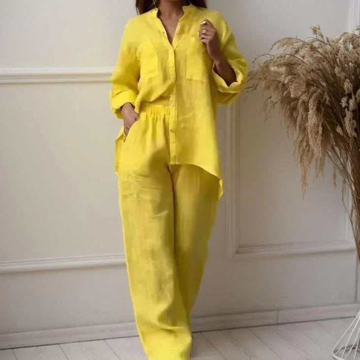 Conjunto Chinaglia™ de Camisa + Calça em Linho de Algodão / Conforto e Liberdade para Todos os Momentos