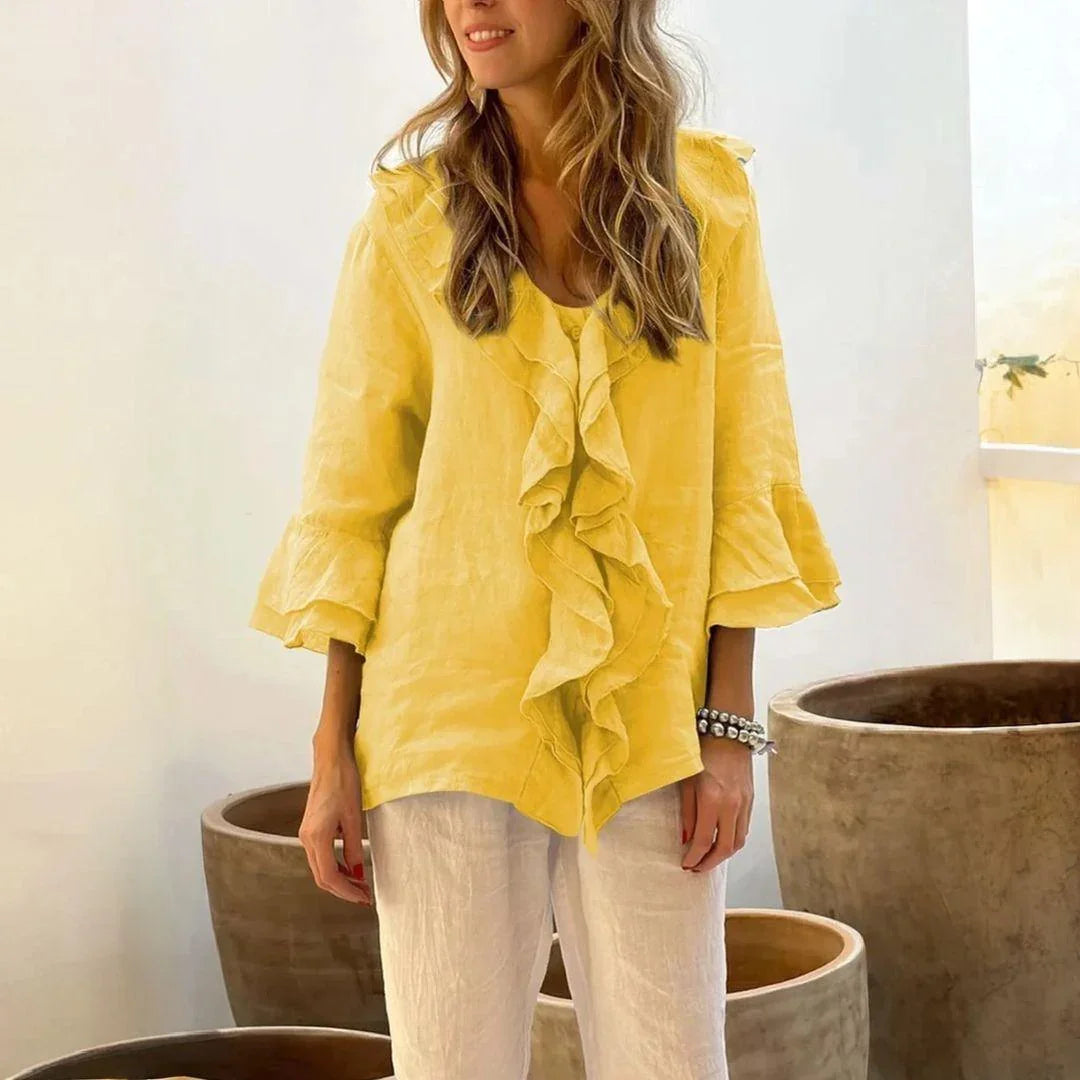 Blusa Belle Étoile™ em Linho de Algodão com Babados Franceses / Elegância Clássica com um Toque de Sofisticação!