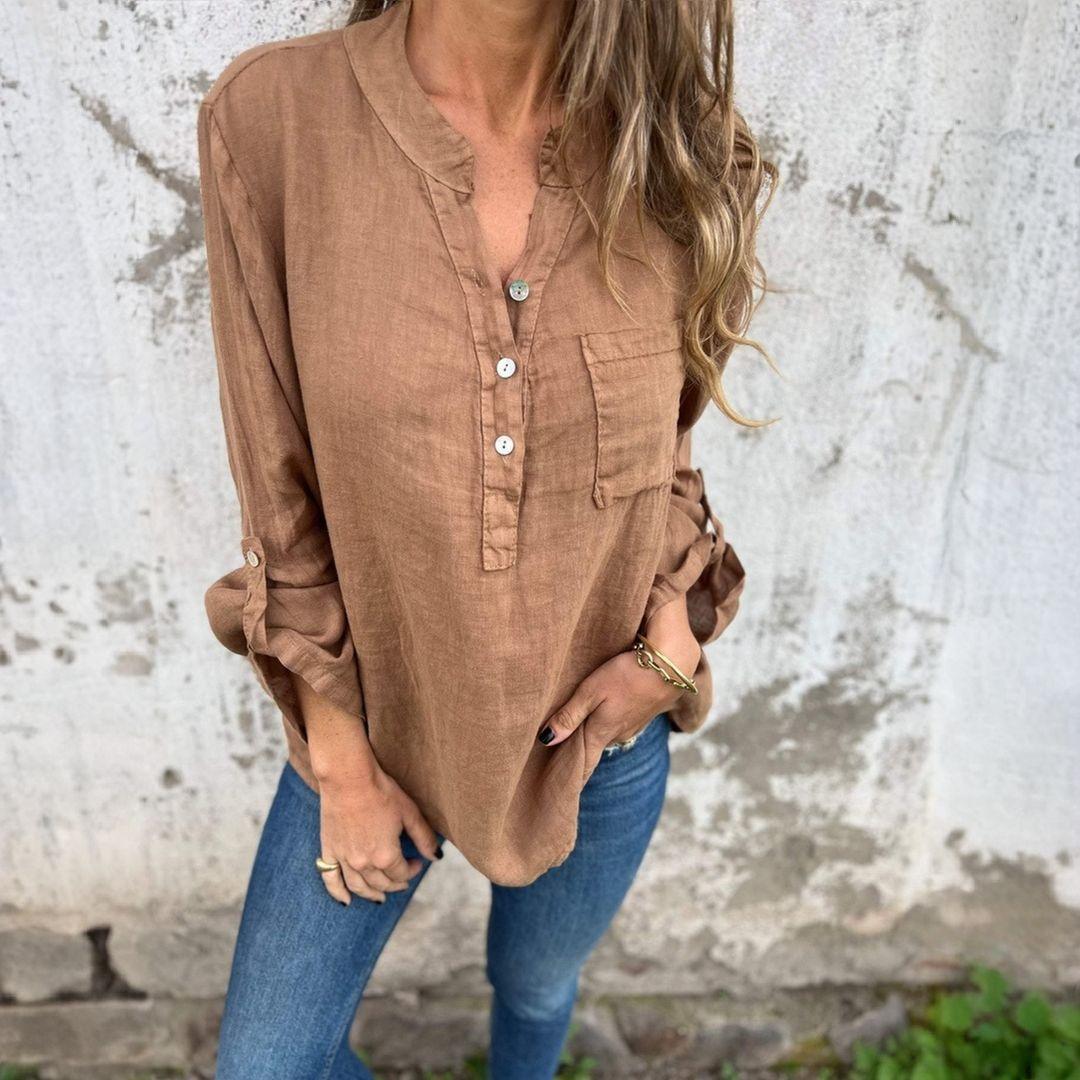 Camisa Benditta™ em Linho de Algodão com Botões Delicados e Manga Ajustável / Leveza e Estilo para Conforto Diário!