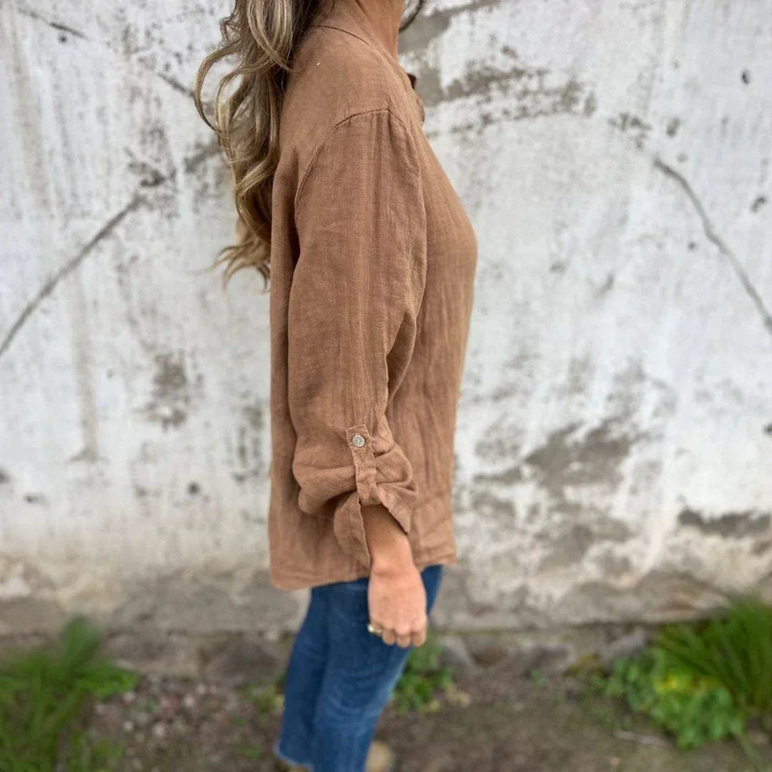 Camisa Benditta™ em Linho de Algodão com Botões Delicados e Manga Ajustável / Leveza e Estilo para Conforto Diário!