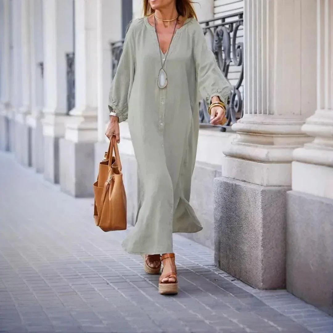 Vestido Charlotte™ em Linho Leve com Botões Delicados e Mangas Bufantes / Elegância Atemporal com Conforto e Delicadeza!