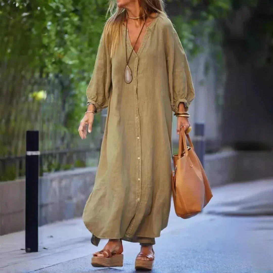 Vestido Charlotte™ em Linho Leve com Botões Delicados e Mangas Bufantes / Elegância Atemporal com Conforto e Delicadeza!