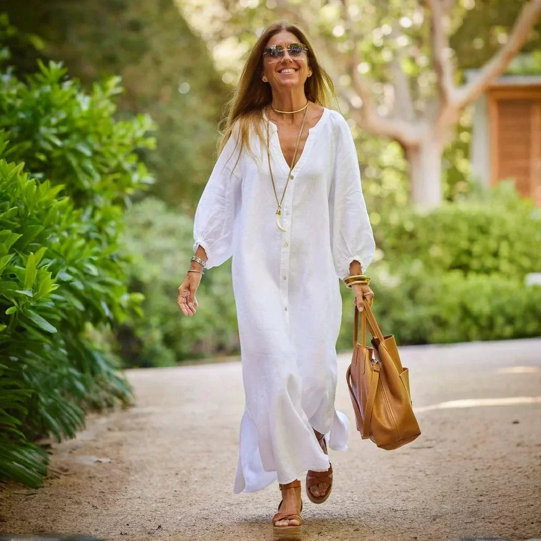 Vestido Charlotte™ em Linho Leve com Botões Delicados e Mangas Bufantes / Elegância Atemporal com Conforto e Delicadeza!