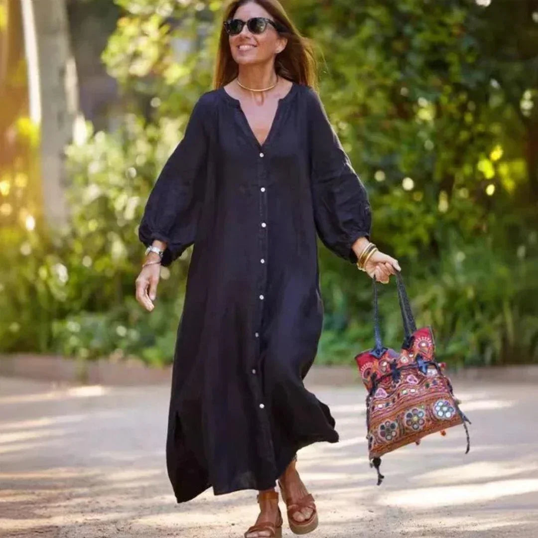 Vestido Charlotte™ em Linho Leve com Botões Delicados e Mangas Bufantes / Elegância Atemporal com Conforto e Delicadeza!