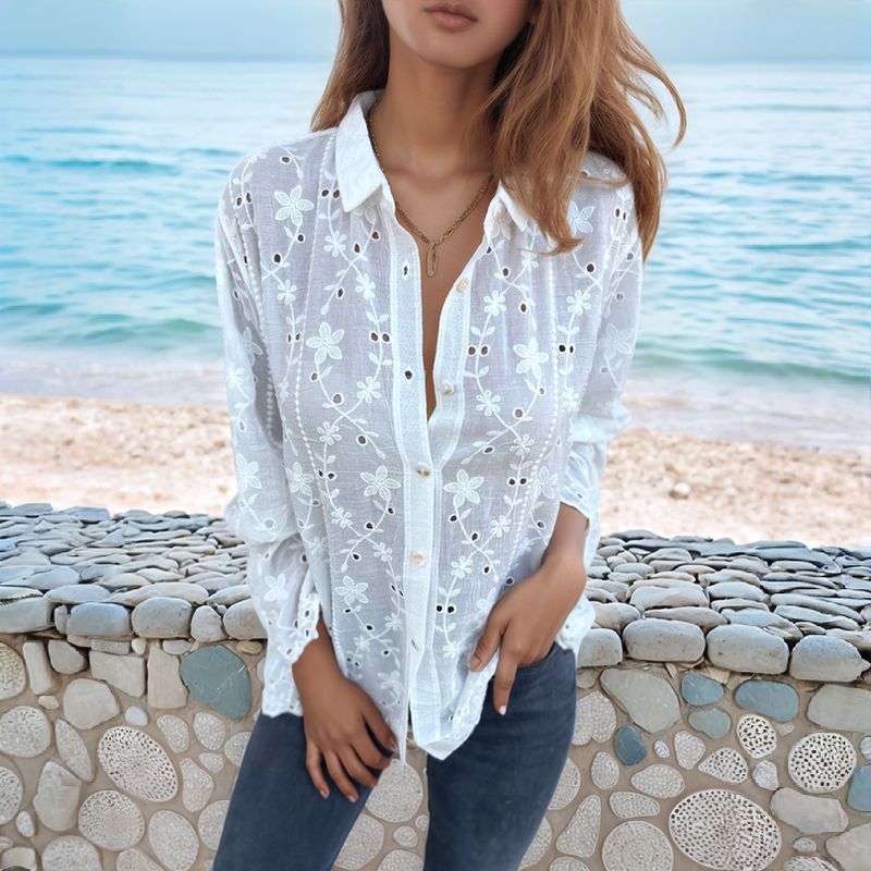 Camisa Beija-Flor™ em Linho de Algodão com Bordados Florais / A Elegância que Abraça a Sua Essência!