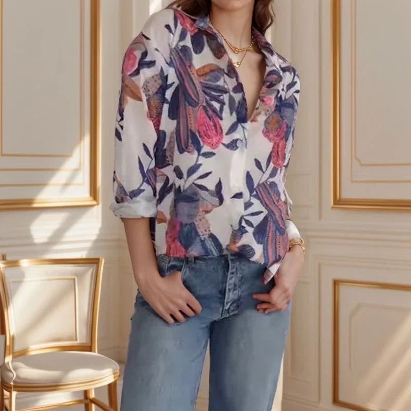Camisa Feminina Tropicalia™ em Tecido Leve com Estampa Floral Exclusiva / A Elegância Casual que Encanta em Qualquer Ocasião!
