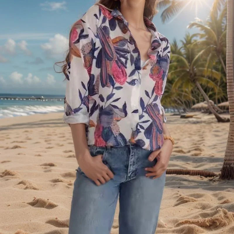 Camisa Feminina Tropicalia™ em Tecido Leve com Estampa Floral Exclusiva / A Elegância Casual que Encanta em Qualquer Ocasião!