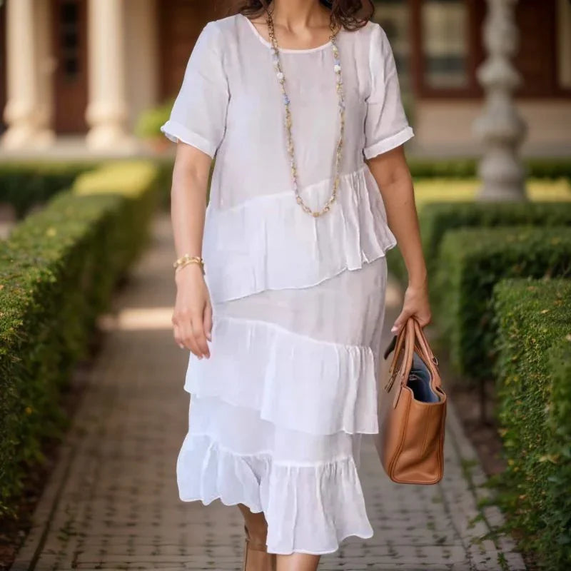 Vestido Cairo™ em Linho de Algodão com Babados e Caimento Leve / O Toque de Conforto que Sua Rotina Merece, com Frescor e Elegância para Cada Dia