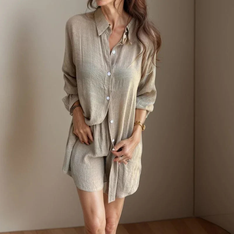 Conjunto Paloma™ em Malha de Algodão com Camisa Oversized e Shorts Soltinho / Leveza e Sofisticação para Todas as Ocasiões!