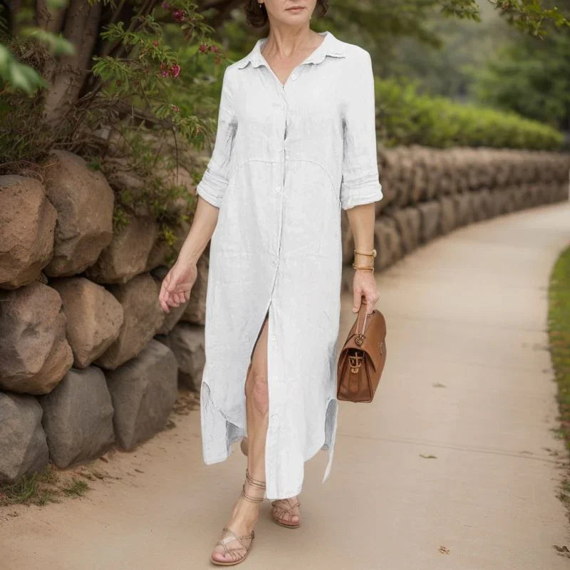 Vestido Camila™ em Linho de Algodão com Botões Frontais e Modelagem Soltinha / Elegância Atemporal e Conforto para Todos os Momentos!
