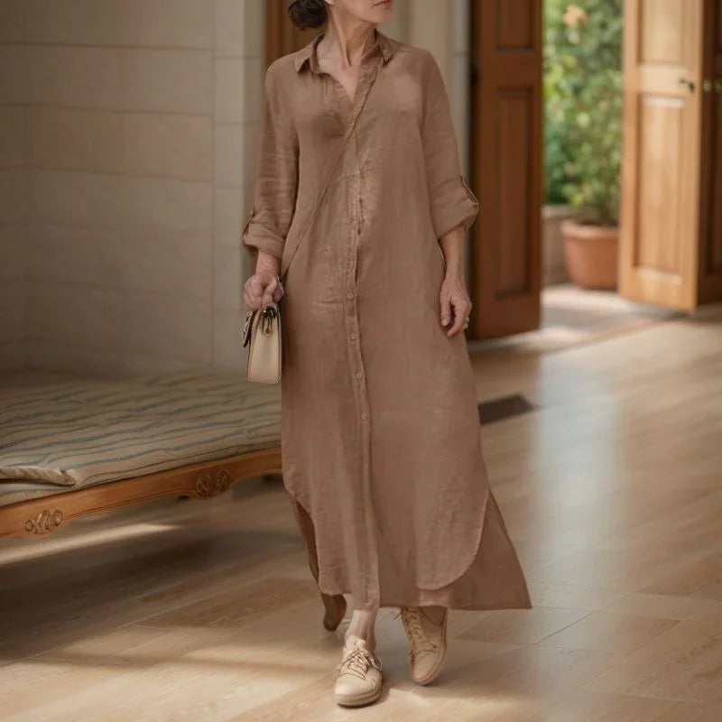 Vestido Camila™ em Linho de Algodão com Botões Frontais e Modelagem Soltinha / Elegância Atemporal e Conforto para Todos os Momentos!