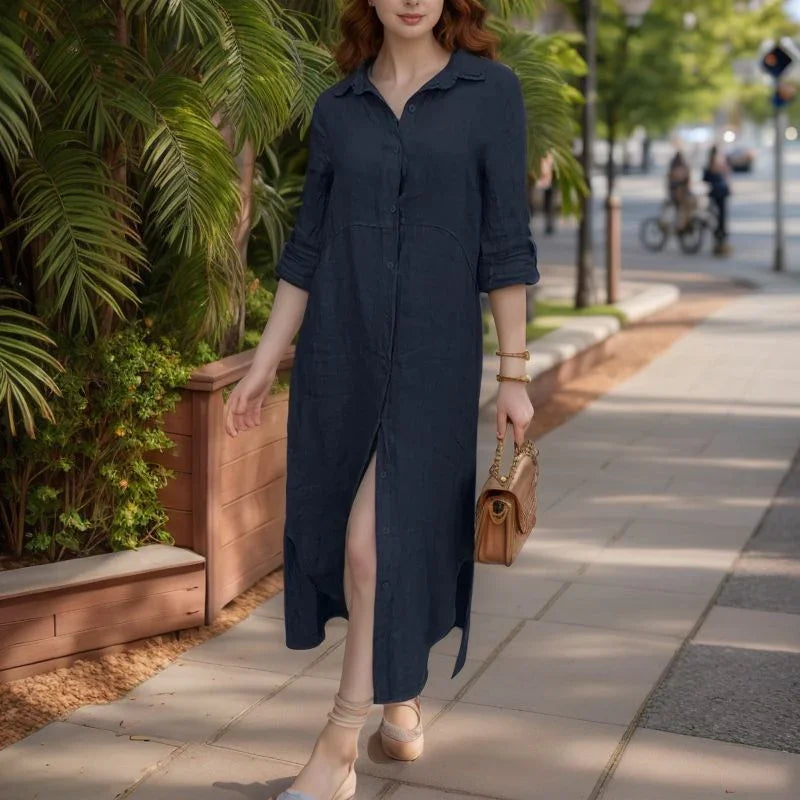 Vestido Camila™ em Linho de Algodão com Botões Frontais e Modelagem Soltinha / Elegância Atemporal e Conforto para Todos os Momentos!