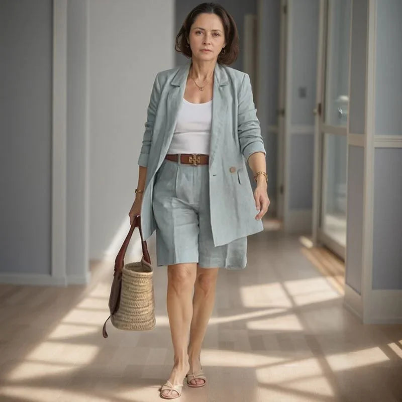 Conjunto Sra. Beatrice™ em Alfaiataria com Blazer Alongado e Shorts / Para a Mulher que Inspira Elegância, Respeito e Autenticidade!