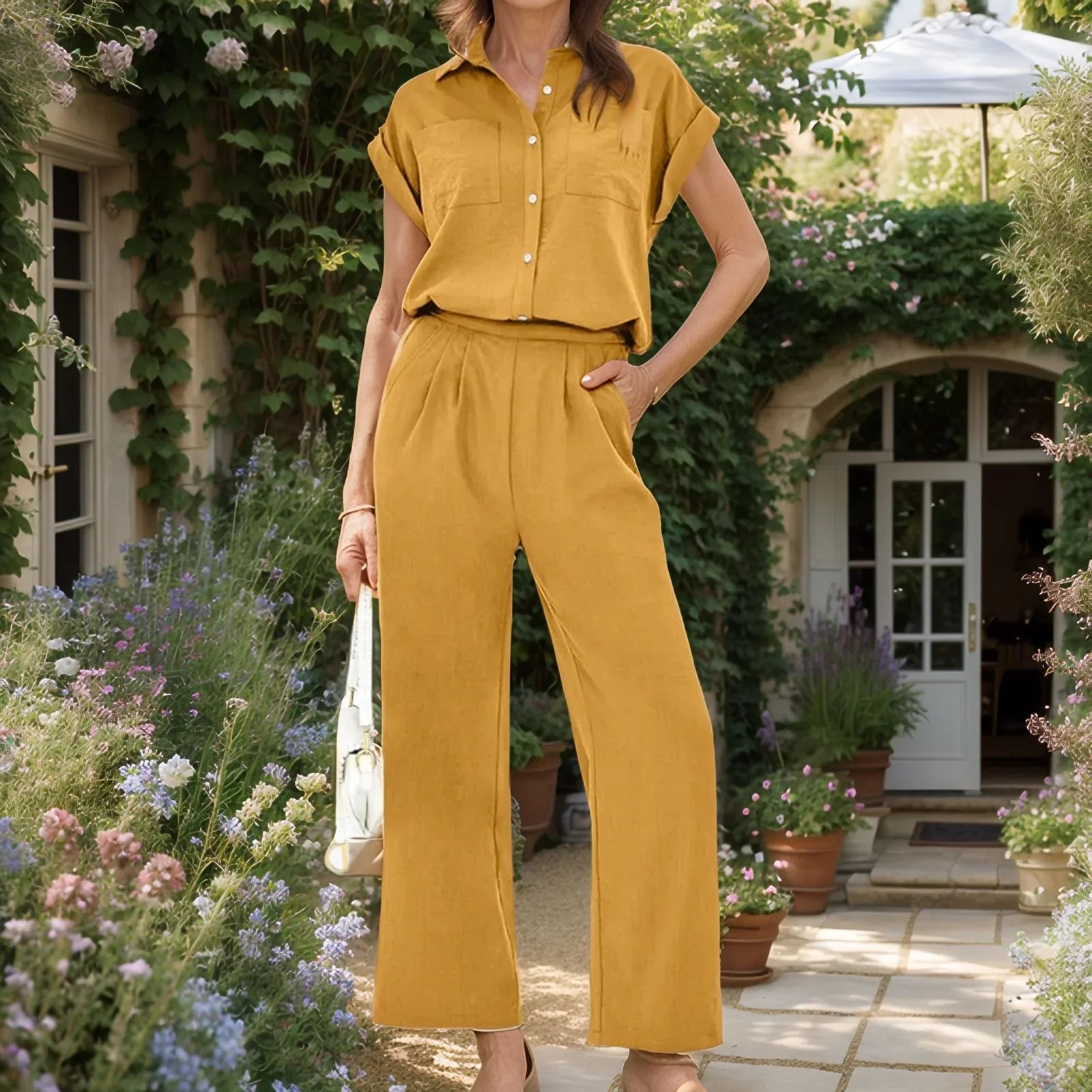 Conjunto Lorenza™ em Linho de Algodão com Cintura Elástica e Camisa Leve / Conforto Sofisticado para o Seu Dia a Dia!