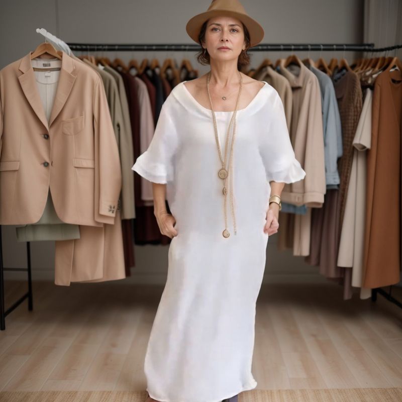Vestido Longo Marbella™ em Linho de Algodão com Gola Ampla / A Essência do Conforto Chic em uma Peça Atemporal!