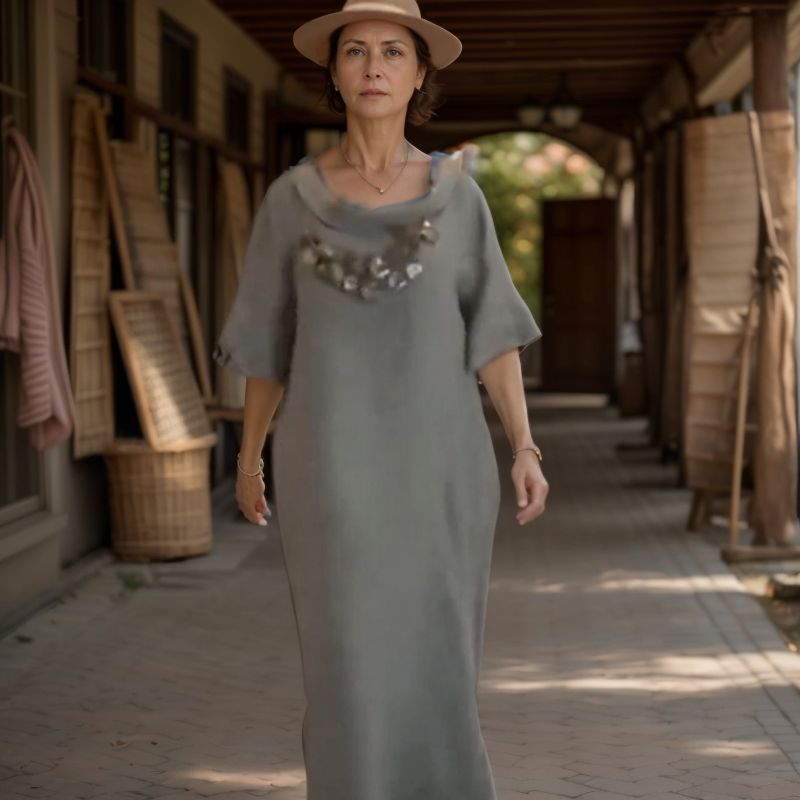Vestido Longo Marbella™ em Linho de Algodão com Gola Ampla / A Essência do Conforto Chic em uma Peça Atemporal!