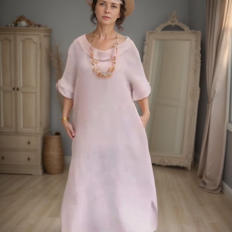 Vestido Longo Marbella™ em Linho de Algodão com Gola Ampla / A Essência do Conforto Chic em uma Peça Atemporal!