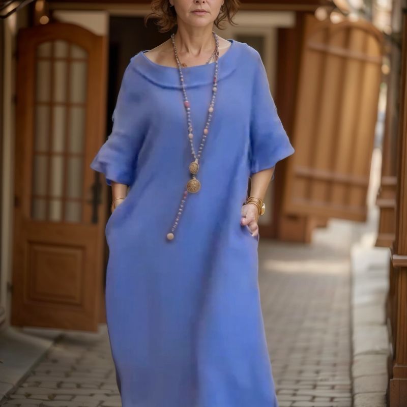 Vestido Longo Marbella™ em Linho de Algodão com Gola Ampla / A Essência do Conforto Chic em uma Peça Atemporal!