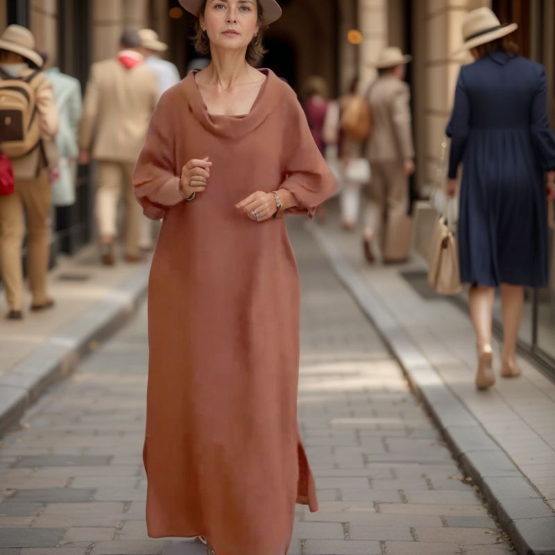 Vestido Longo Marbella™ em Linho de Algodão com Gola Ampla / A Essência do Conforto Chic em uma Peça Atemporal!