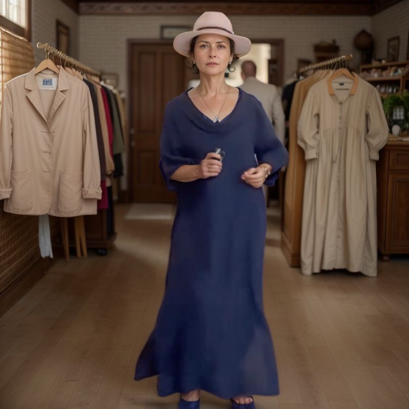 Vestido Longo Marbella™ em Linho de Algodão com Gola Ampla / A Essência do Conforto Chic em uma Peça Atemporal!