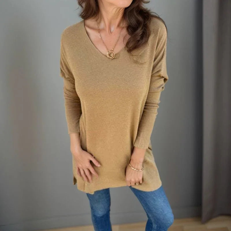 Suéter Sophia™ em Tricô com Modelagem Solta e Decote V / Estilo Descomplicado para Todos os Momentos!