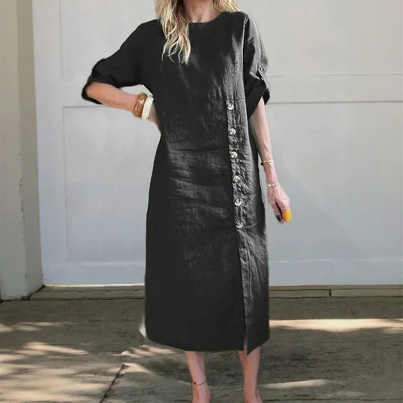 Vestido Adélie™ em Linho de Algodão com Botões Laterais e Fenda Sofisticada / Movimento e Elegância na Medida Certa!
