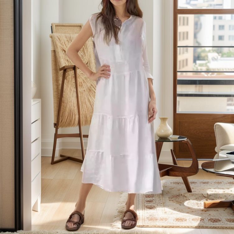 Vestido Princesa™ em Linho de Algodão com Camadas Leves / Charme Atemporal e Sofisticação em Cada Movimento