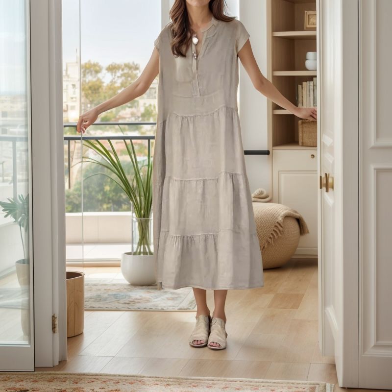 Vestido Princesa™ em Linho de Algodão com Camadas Leves / Charme Atemporal e Sofisticação em Cada Movimento
