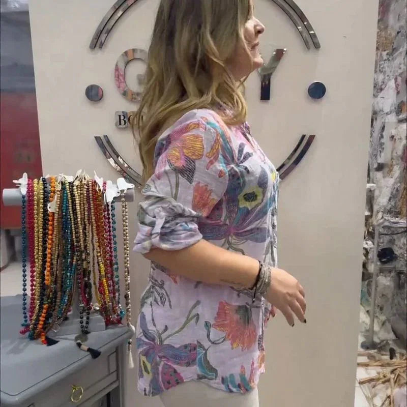 Camisa Floral Cinthya™ em Linho de Algodão / Leveza Feminina em Cada Detalhe!