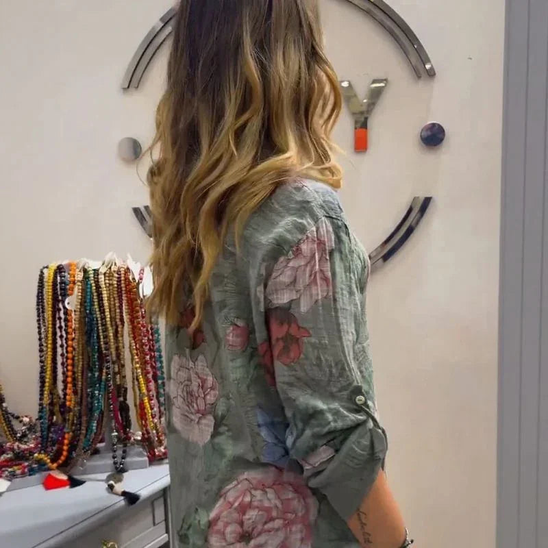 Camisa Floral Cinthya™ em Linho de Algodão / Leveza Feminina em Cada Detalhe!