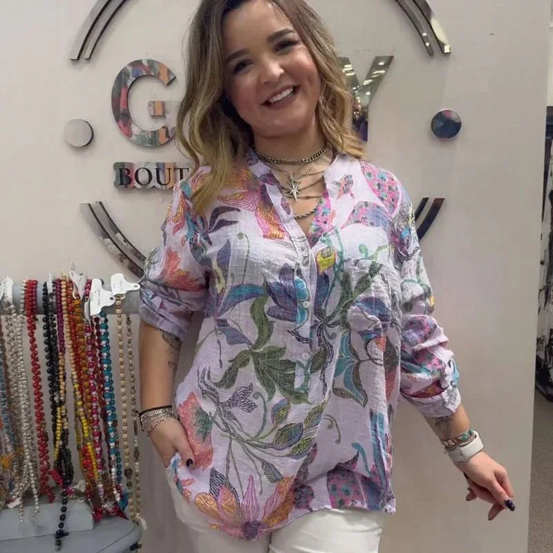 Camisa Floral Cinthya™ em Linho de Algodão / Leveza Feminina em Cada Detalhe!
