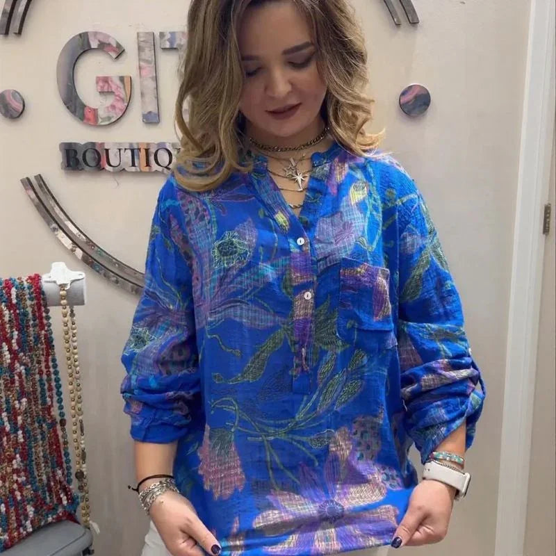 Camisa Floral Cinthya™ em Linho de Algodão / Leveza Feminina em Cada Detalhe!