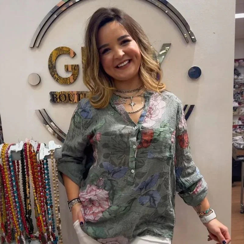 Camisa Floral Cinthya™ em Linho de Algodão / Leveza Feminina em Cada Detalhe!
