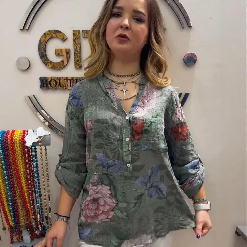 Camisa Floral Cinthya™ em Linho de Algodão / Leveza Feminina em Cada Detalhe!