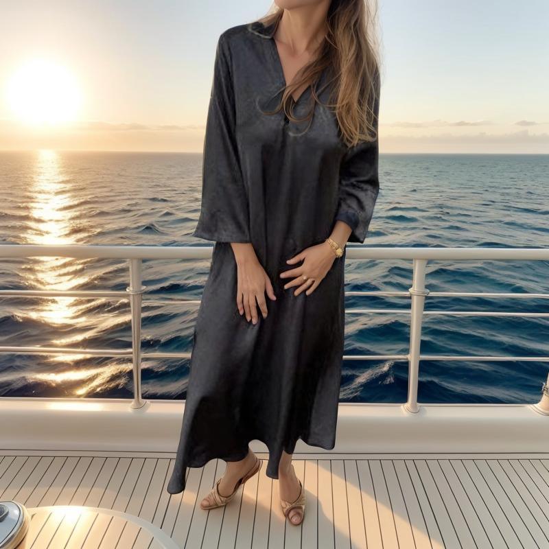 Vestido Dominique™ em Viscose Acetinada com Gola V Estruturada / Sofisticação Minimalista com Toques de Elegância Atemporal!