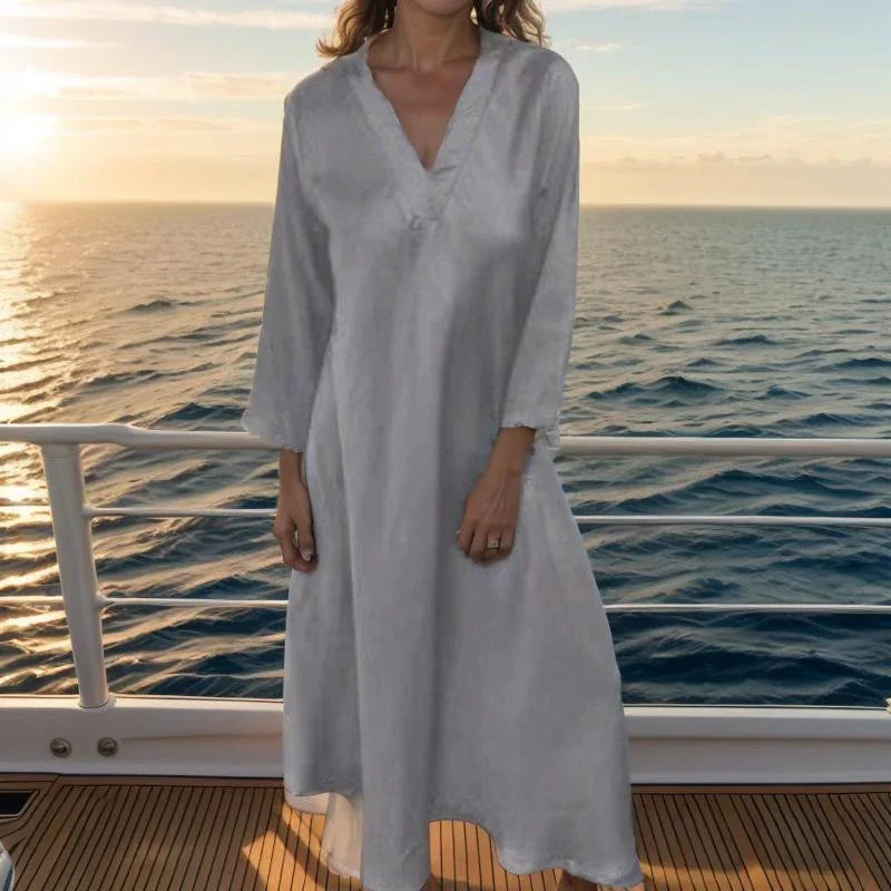 Vestido Dominique™ em Viscose Acetinada com Gola V Estruturada / Sofisticação Minimalista com Toques de Elegância Atemporal!