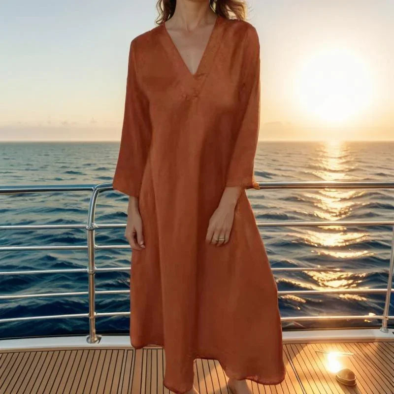 Vestido Dominique™ em Viscose Acetinada com Gola V Estruturada / Sofisticação Minimalista com Toques de Elegância Atemporal!