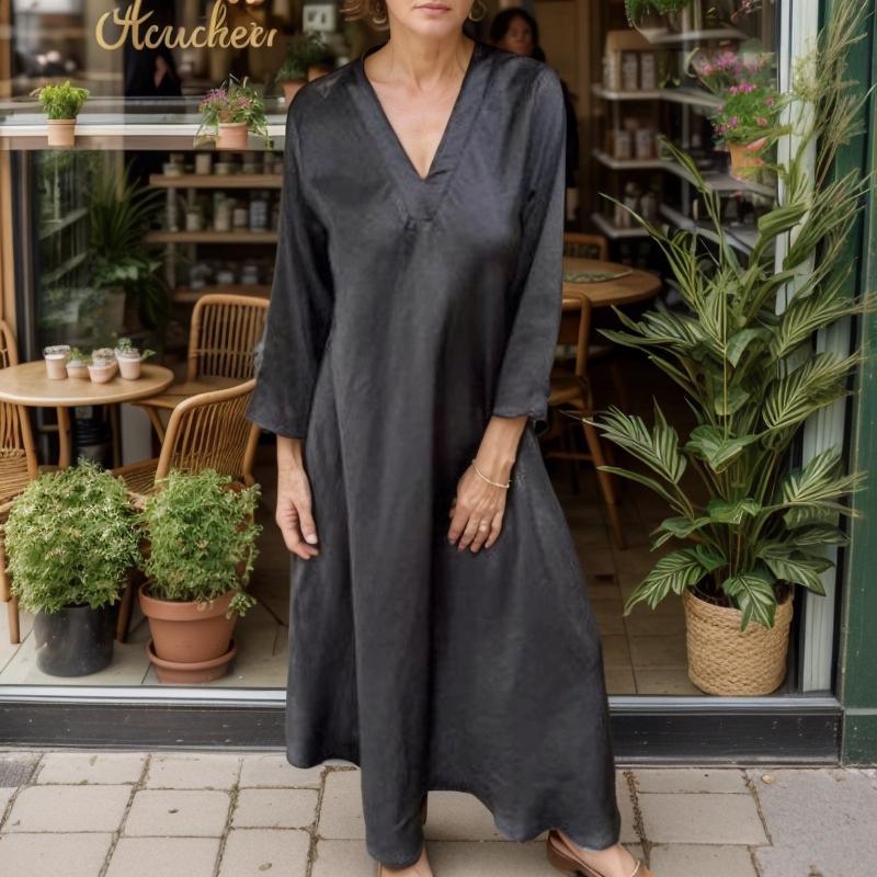 Vestido Dominique™ em Viscose Acetinada com Gola V Estruturada / Sofisticação Minimalista com Toques de Elegância Atemporal!