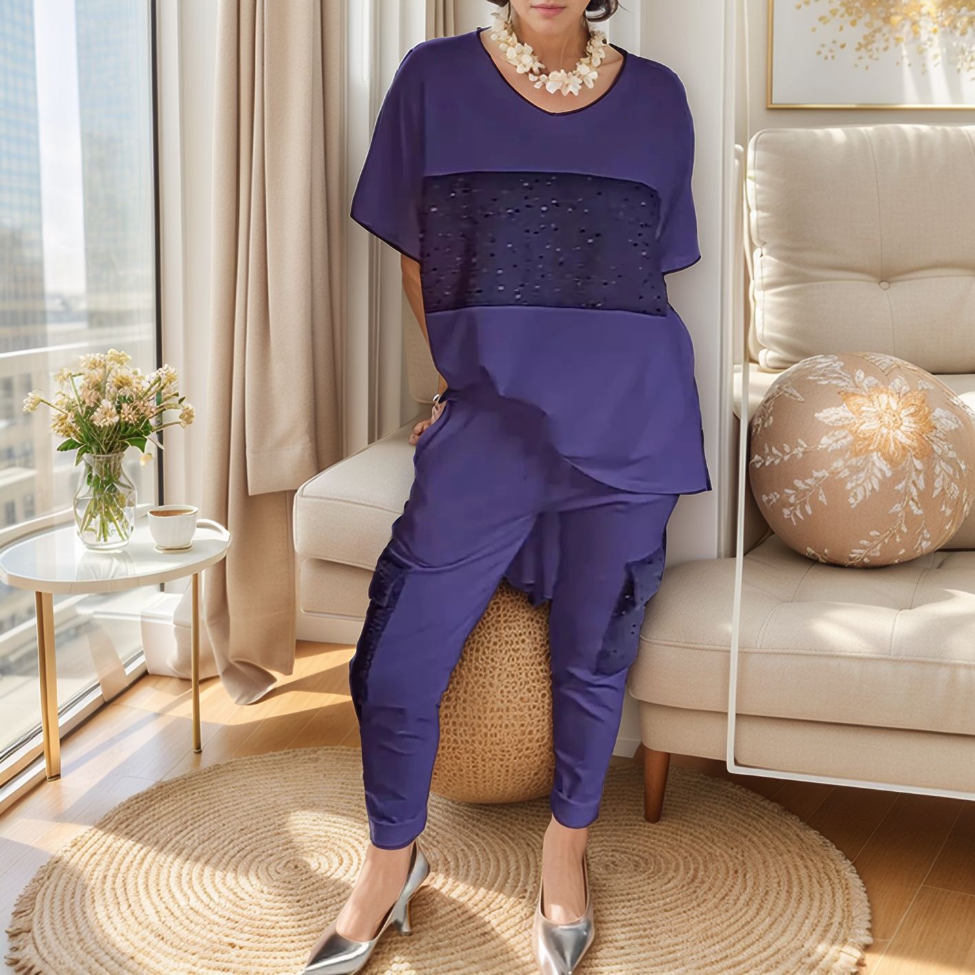 Conjunto Evelize™ em Popelina Leve com Aplicações de Brilho / Estilo Moderno com Toque de Glamour!