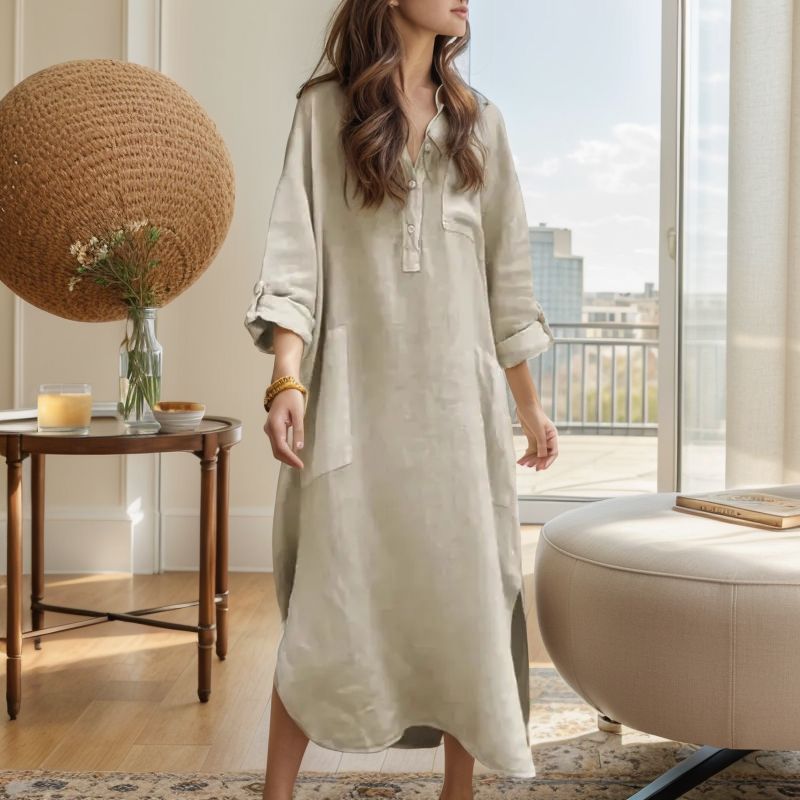 Vestido Ellorah™ em Linho com Botões Naturais e Silhueta Fluida / Liberdade e Elegância Para Quem Vive no Próprio Ritmo!