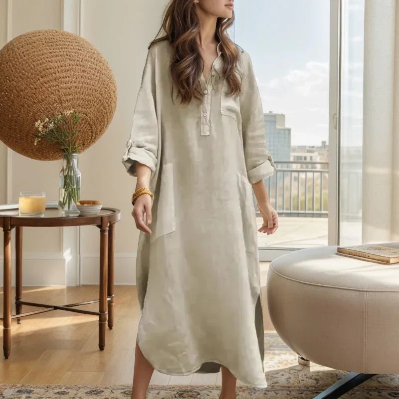 Vestido Ellorah™ em Linho com Botões Naturais e Silhueta Fluida / Liberdade e Elegância Para Quem Vive no Próprio Ritmo!