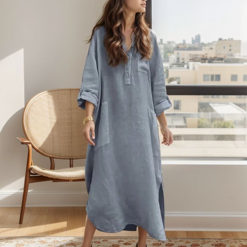 Vestido Ellorah™ em Linho com Botões Naturais e Silhueta Fluida / Liberdade e Elegância Para Quem Vive no Próprio Ritmo!