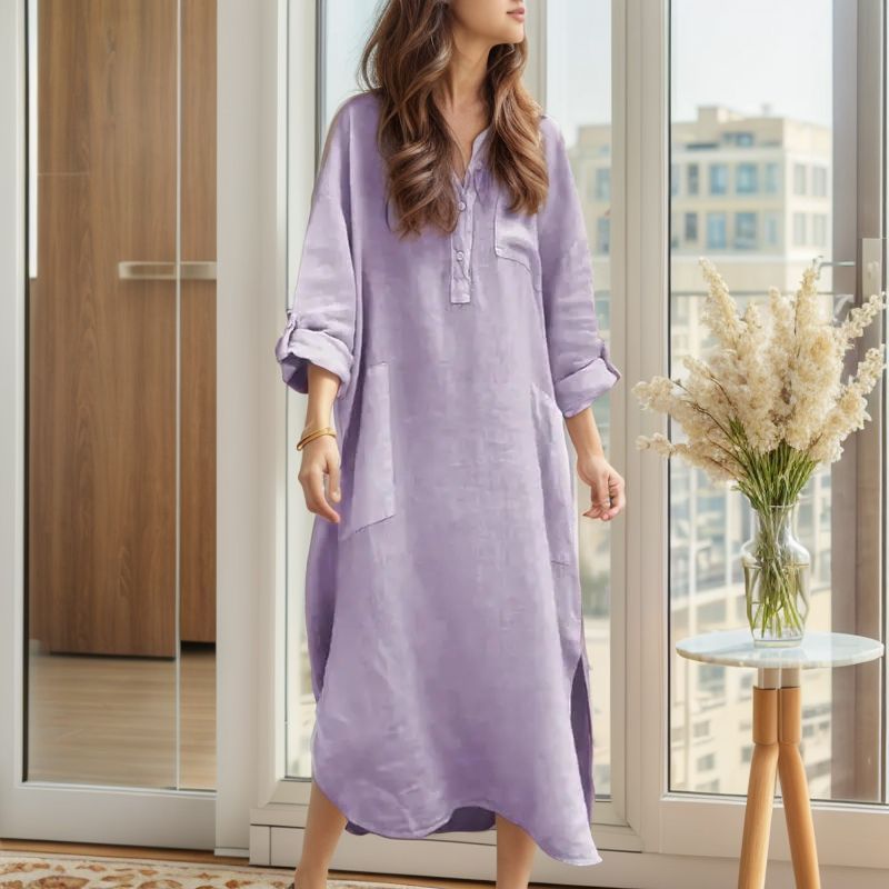 Vestido Ellorah™ em Linho com Botões Naturais e Silhueta Fluida / Liberdade e Elegância Para Quem Vive no Próprio Ritmo!